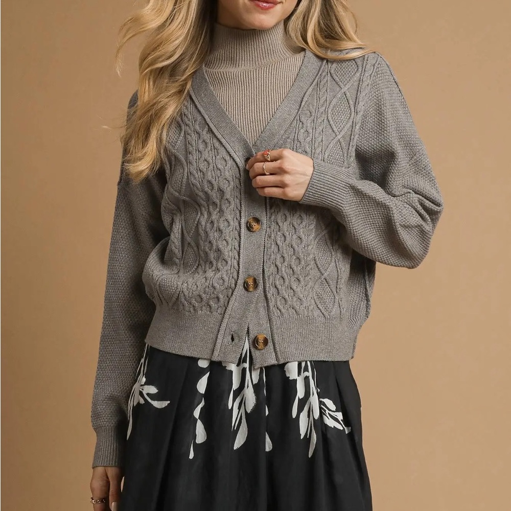 Umgee Gray Cable-Knit V-Neck Button Cardigan Sweater